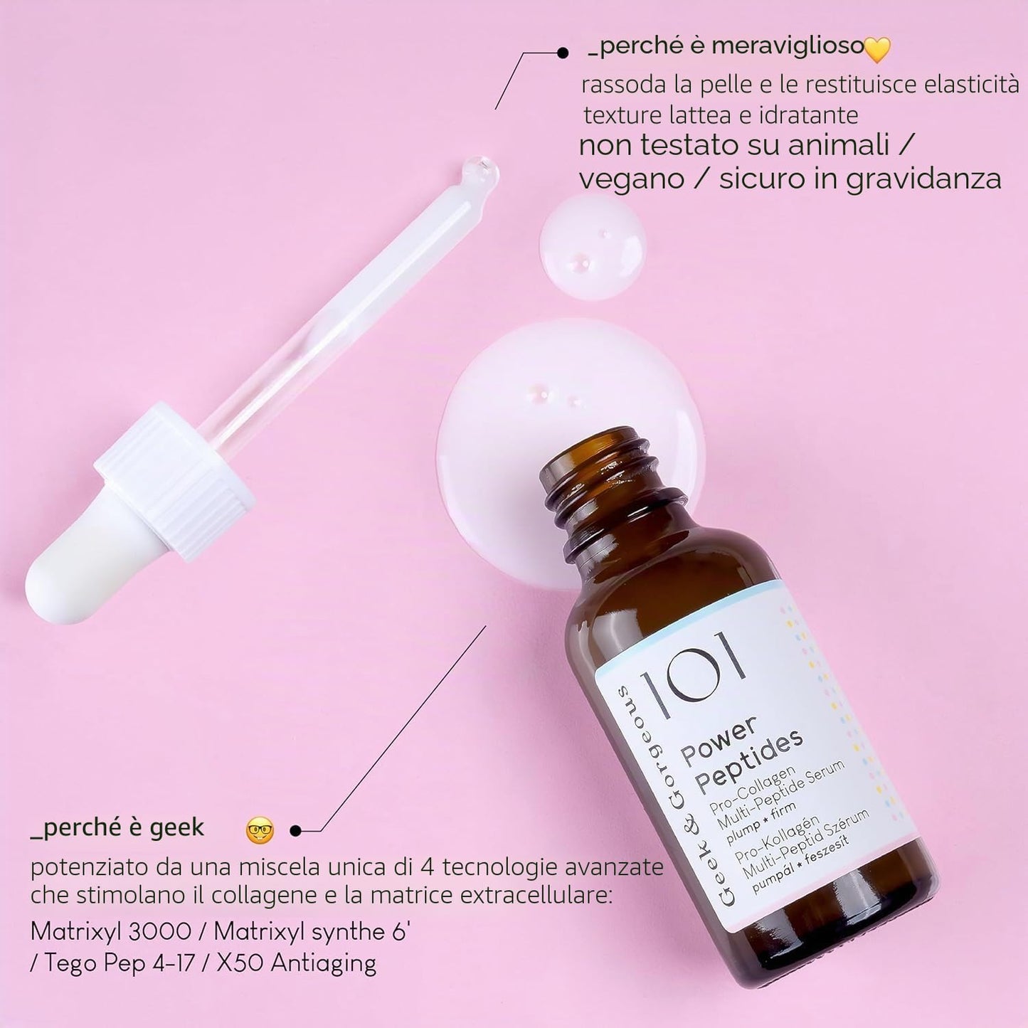 Geek & Gorgeous Power Peptides Serum – Siero Anti-Aging con Multi-Peptidi per una Pelle più Tonica, Riduzione delle Rughe e Maggiore Elasticità – 30 ml