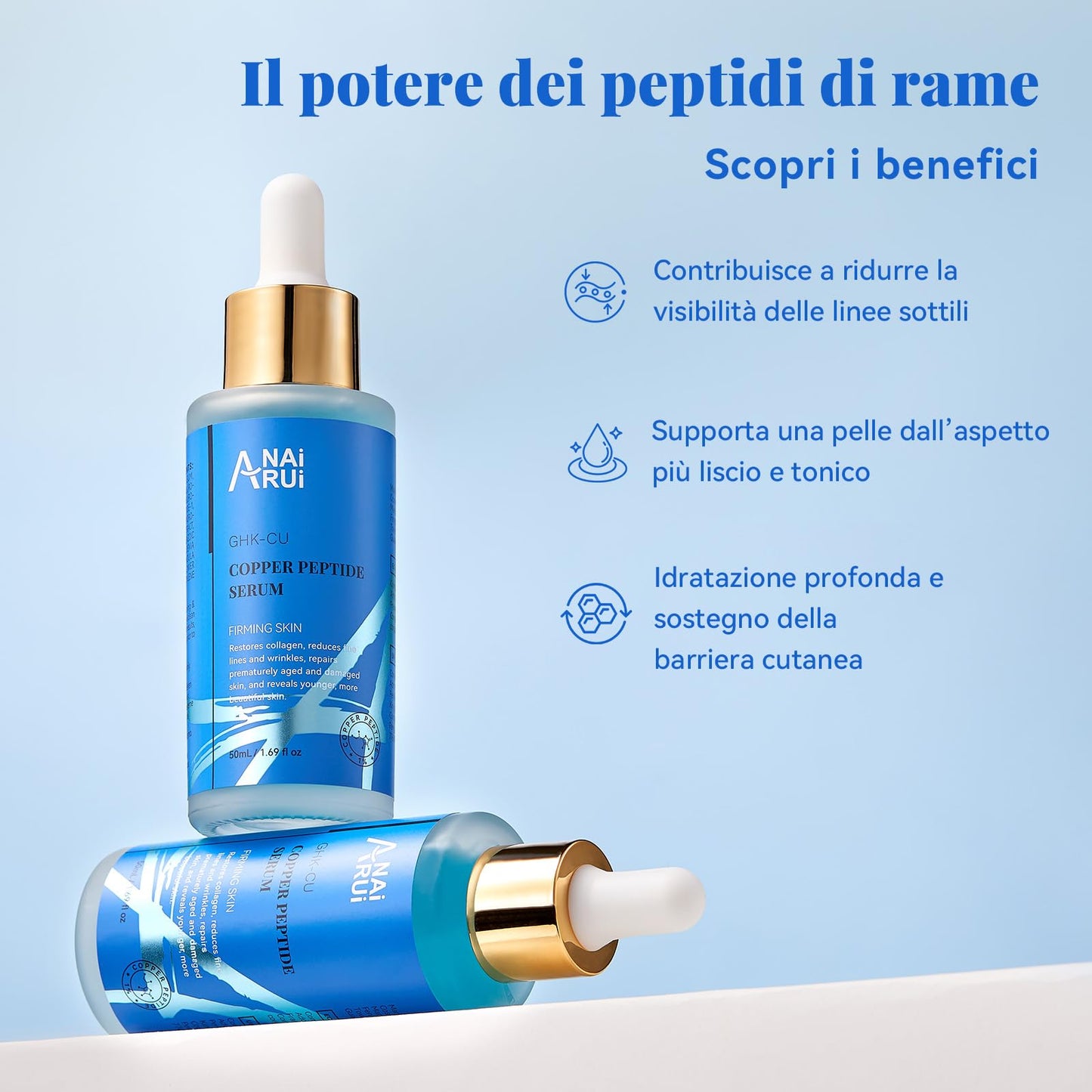 ANAiRUi Siero al peptide di rame, 50 ml, siero viso anti invecchiamento con acido ialuronico, riduce le linee sottili e le rughe, per una pelle radiosa