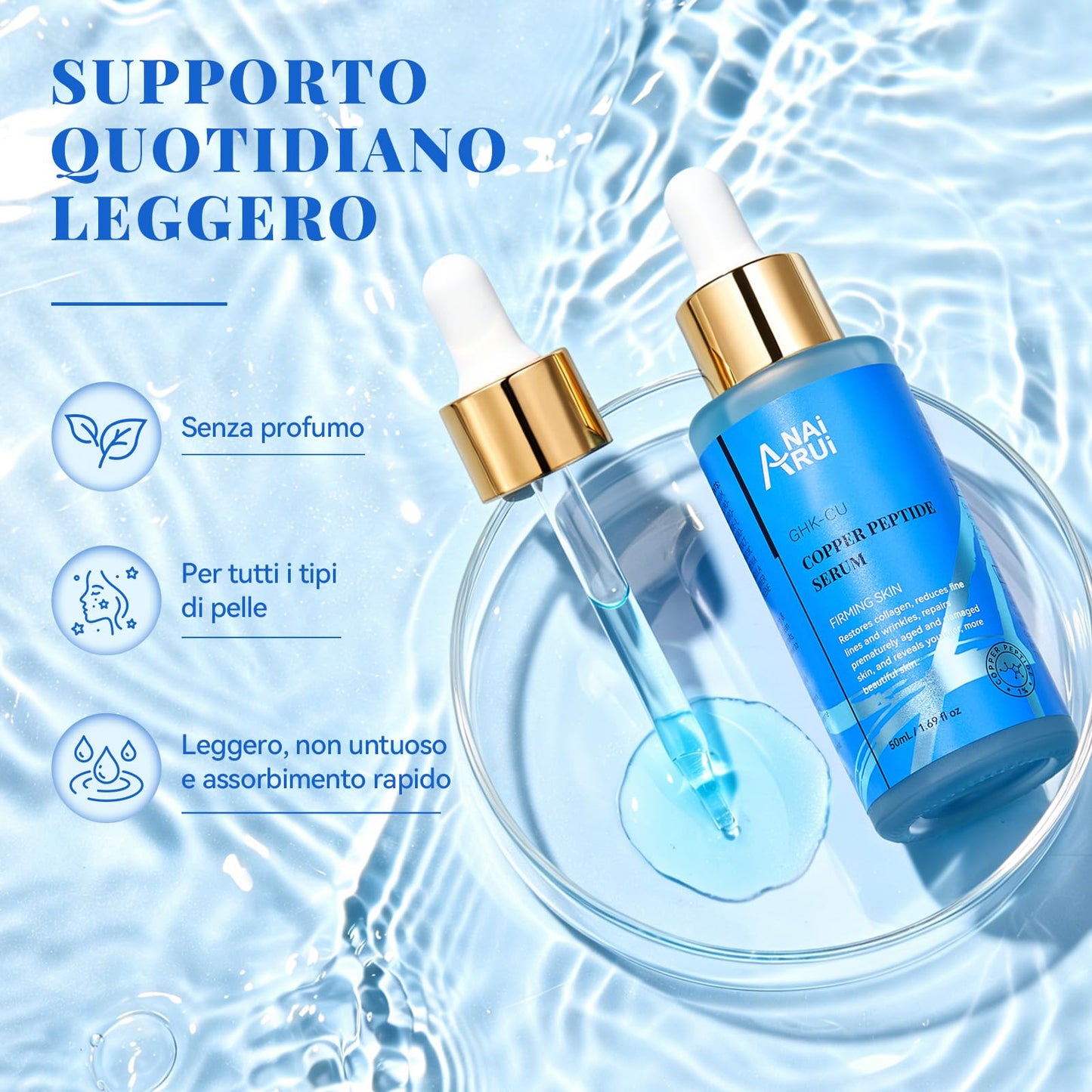 ANAiRUi Siero al peptide di rame, 50 ml, siero viso anti invecchiamento con acido ialuronico, riduce le linee sottili e le rughe, per una pelle radiosa